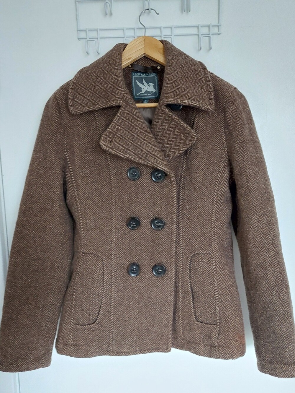 Spiewak Brown Herringbone Wool Pea Coat
